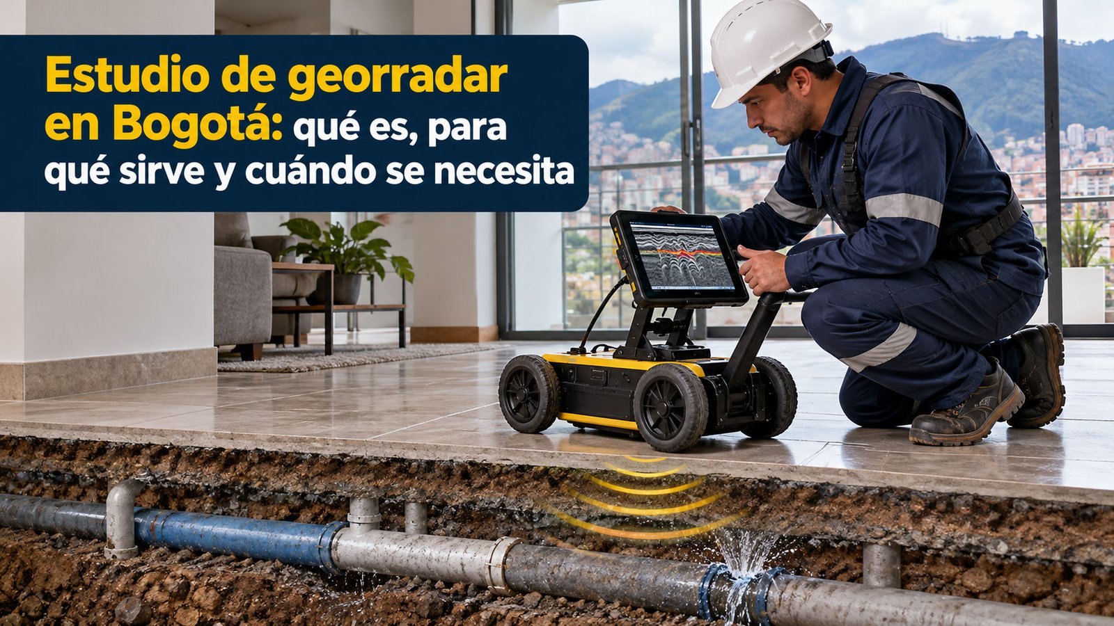 Técnico realizando un estudio de georradar sobre el piso de una vivienda