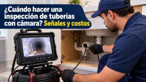 Técnico revisando el interior de una tubería en el monitor de una cámara de inspección