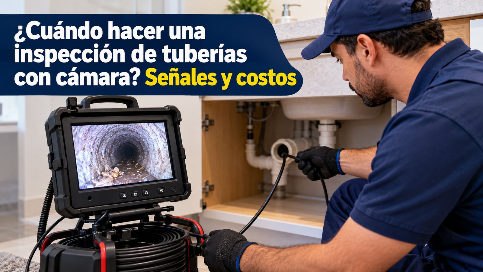 Técnico revisando el interior de una tubería en el monitor de una cámara de inspección